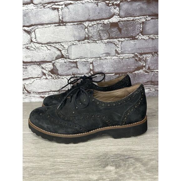 Earthies Santana Black Suede Leather Lace Up Wingtip Oxfords Shoes Women Sz 6.5B - Picture 1 of 16